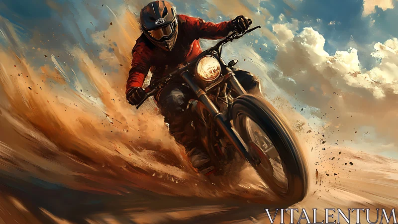 Motorcyclist leans into dynamic dirt slide under bright sky