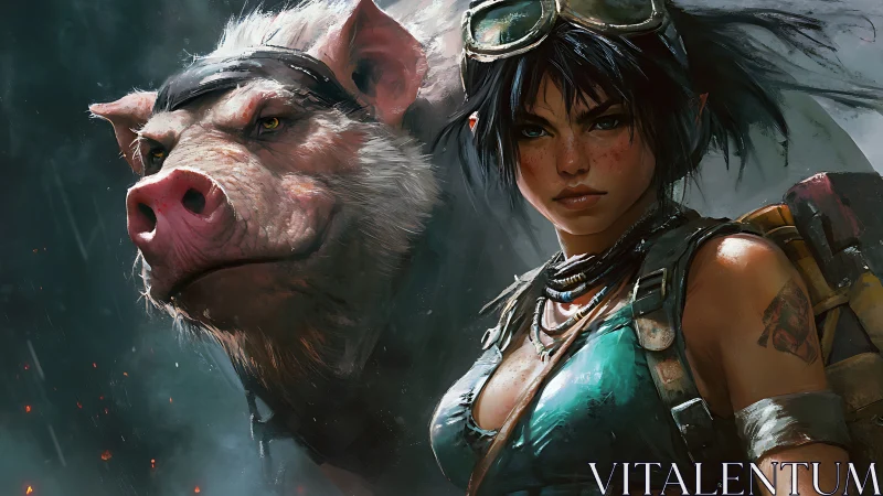 Post-apocalyptic scout and cyber-boar rendered in gritty detail