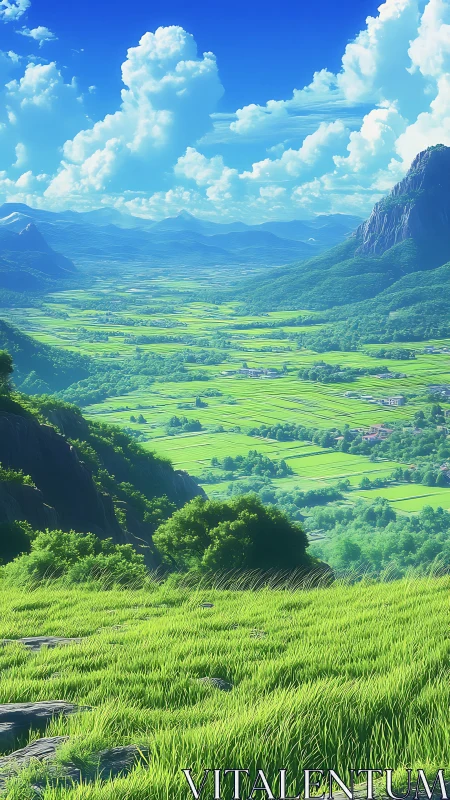Digital landscape panorama with terraced valley fields and peaks.