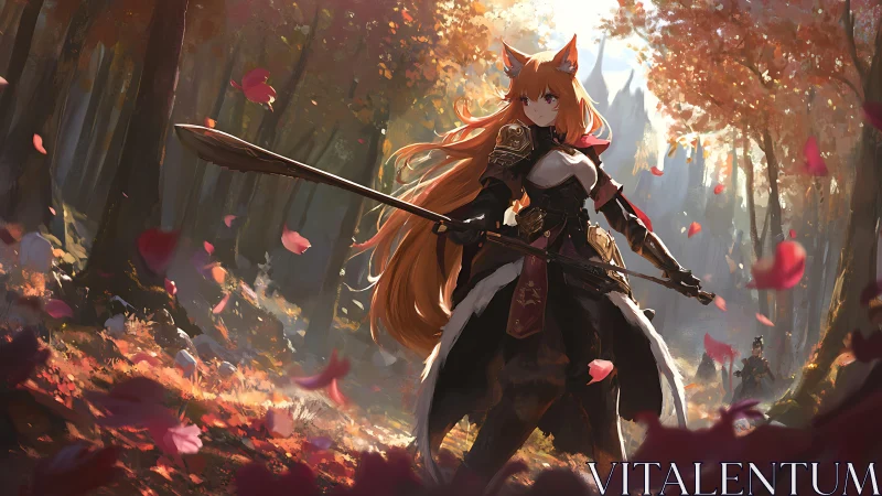 Fox-eared warrior stands poised in a glowing autumn forest.