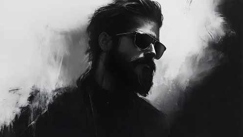 Monochrome digital portrait depicts a bearded figure in profile