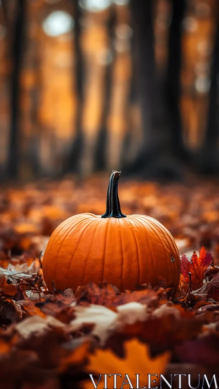 Pumpkin rests on forest floor amid defocused autumn foliage