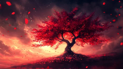 Wind-swept red tree silhouettes against high-contrast storm sky