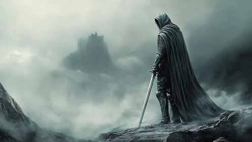 Lone cloaked knight pauses at a misty mountain stronghold.