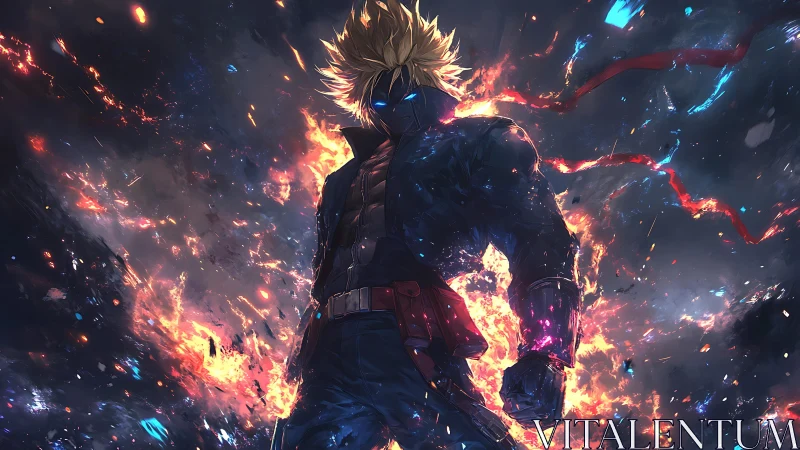 Dynamic anime antihero amid explosive chromatic energy field.