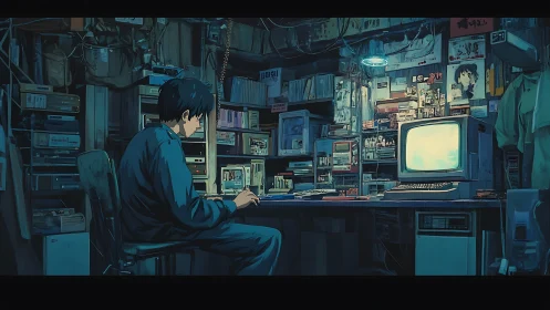 Solitary coder works in neon-lit retro computer bunker.