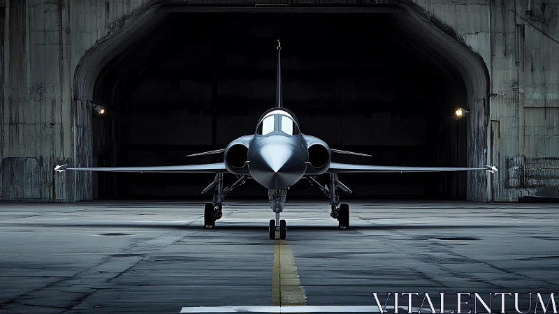 Stealth jet front view poised in concrete aircraft hangar.