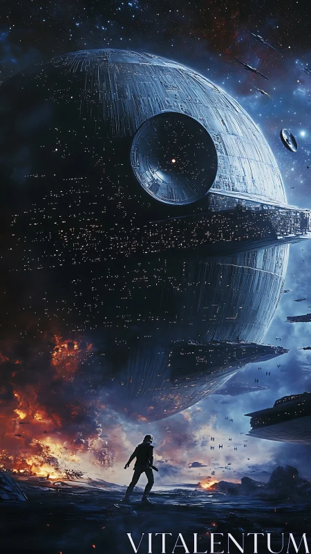 Colossal orbital battle station above burning warzone.