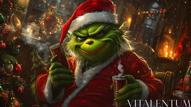 Digital painting portrait of grinning green Santa figure indoors.