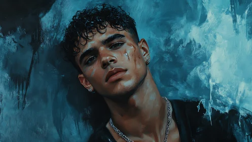 Brooding young man leans against textured blue painted wall