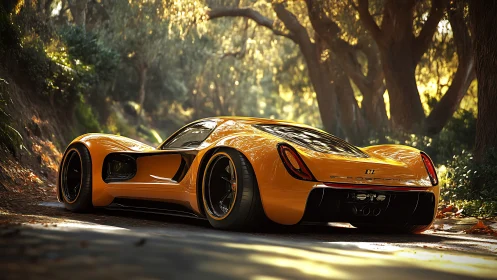 Sunlit orange supercar rests calmly on a leafy forest road