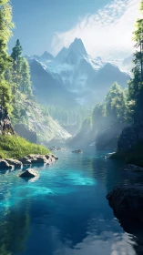 Snow-covered mountains rise above a clear turquoise river