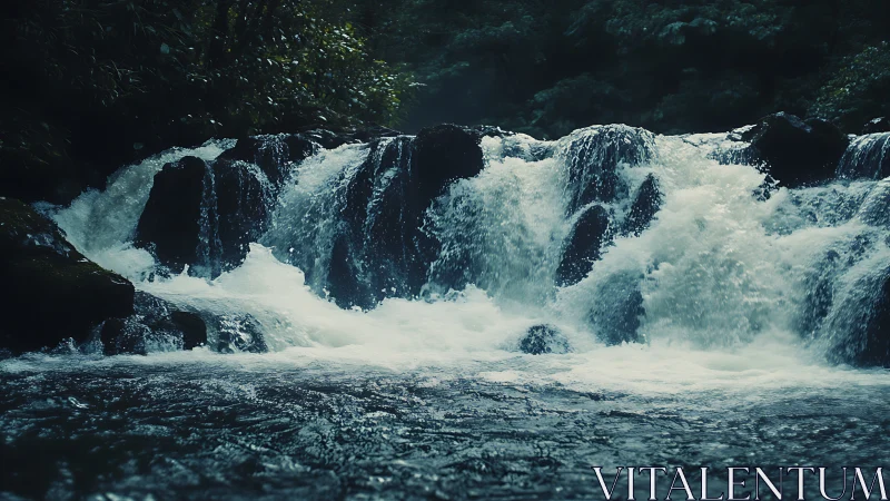 Low-angle capture of tiered forest waterfall with turbulent whitewater