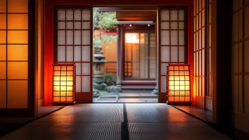 Tatami corridor with shoji geometry and lantern luminance study.