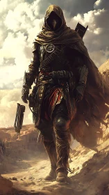 Hooded desert warrior strides through arid canyon landscape.