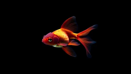 Vibrant goldfish with flowing fins on black background, digital art.