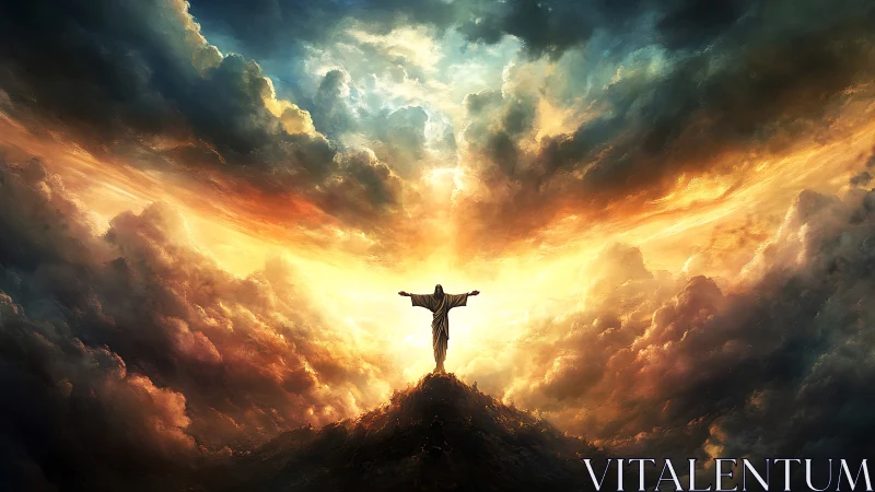 Sky-split summit wanderer greets a wild, burning dawn