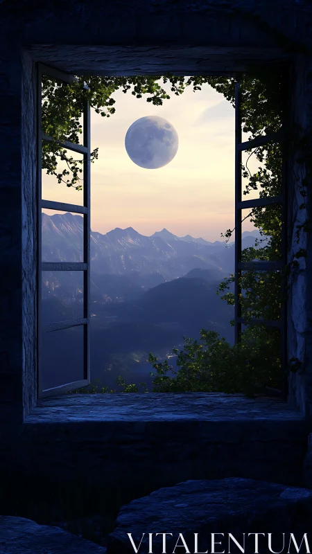 Moonlit mountain landscape framed by open stone window.