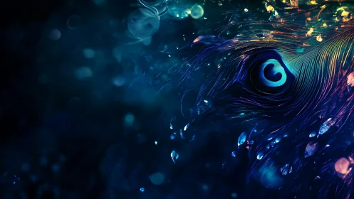 Iridescent peacock feather glows in deep nocturnal bokeh