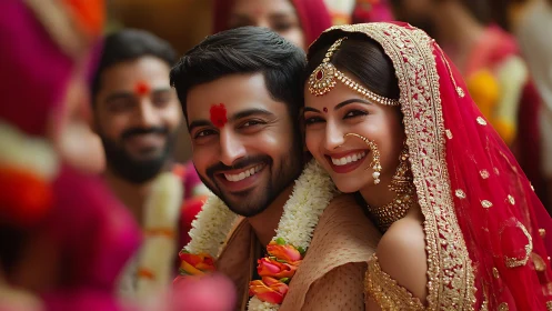 Joyful Indian wedding couple share a radiant, colorful moment.