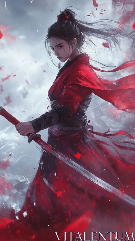 Female swordswoman in red robe against abstract storm backdrop.