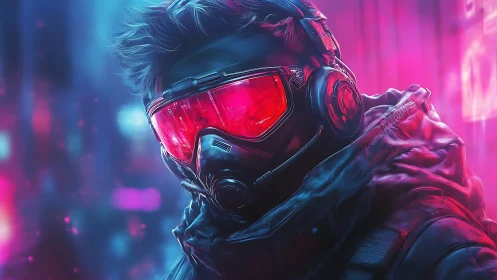 Cyberpunk scout wearing red visor mask in neon haze