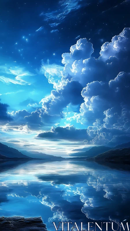 Digital seascape renders reflective lake beneath clouded sky