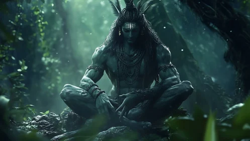 Forest deity in meditative pose under emerald light.