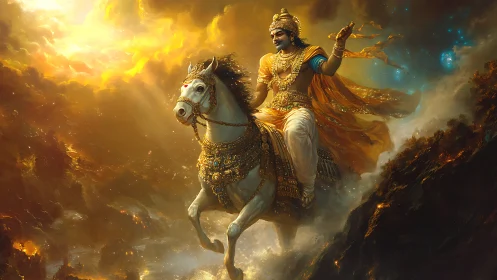 Mythic warrior on celestial steed rides through radiant storm