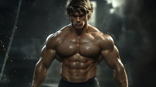 Powerful muscular hero standing strong in dramatic light.