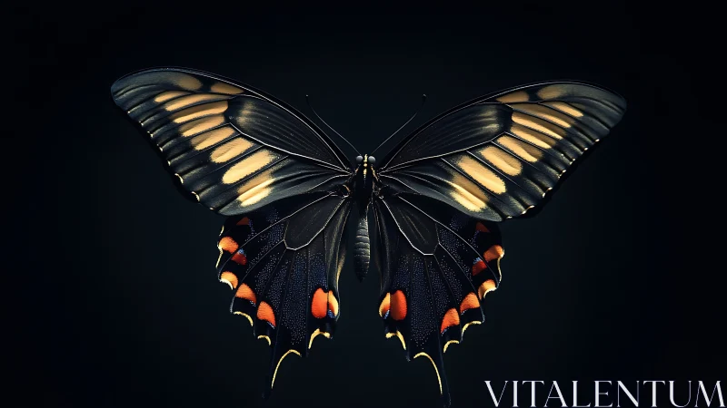 Midnight swallowtail spreads luminous wings in quiet orbit