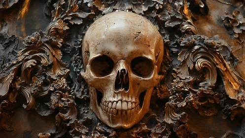 Human skull sculpture amid ornate metallic floral relief.