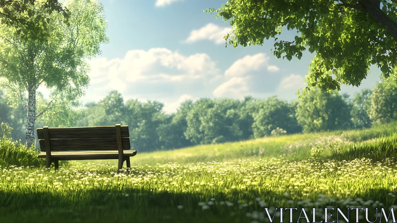Wooden bench in sunlit meadow under green shade trees.