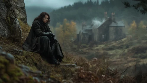 Solitary wanderer resting above a misty moorland manor.