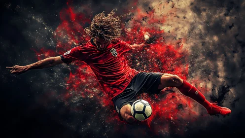 Digital soccer player mid-kick with abstract red effects.