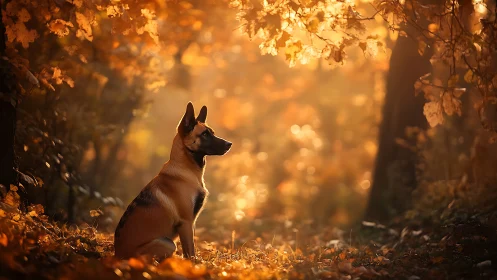 Autumn forest dog bathed in golden backlit sunset glow.