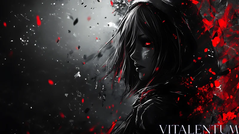 Mysterious hooded heroine glowing in bold red shadows.