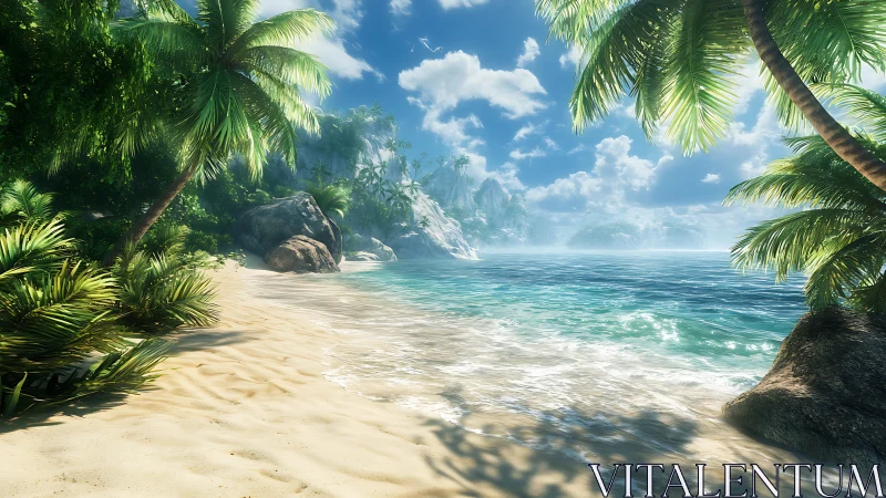 Tropical Lagoon Paradise: CGI-Rendered Coastal Cove with Pristine Shores.