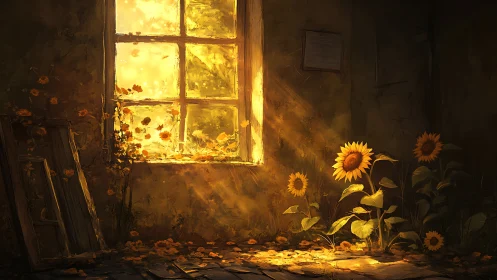 Sunlit window illuminates interior wall and sunflowers