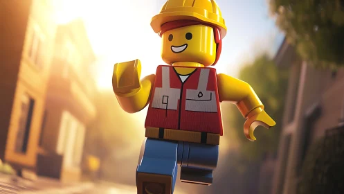 Construction toy figure moves through sunlit suburban street