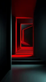 Scarlet portals march upward through a neon-shadowed stairwell