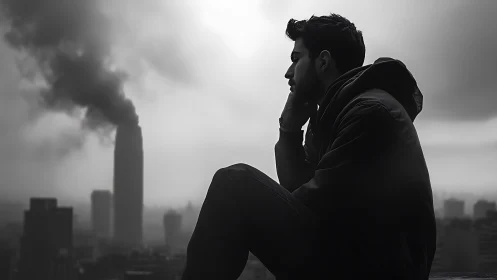 Silhouetted man overlooking smoking tower in moody skyline.
