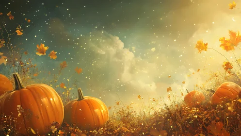 Luminous autumn pumpkins under star-dusted atmospheric sky.