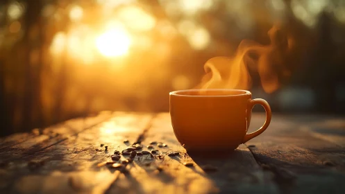 Golden sunrise wraps a steaming coffee cup in gentle warmth