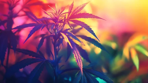 Cannabis plant under intense multicolor gradient lighting.