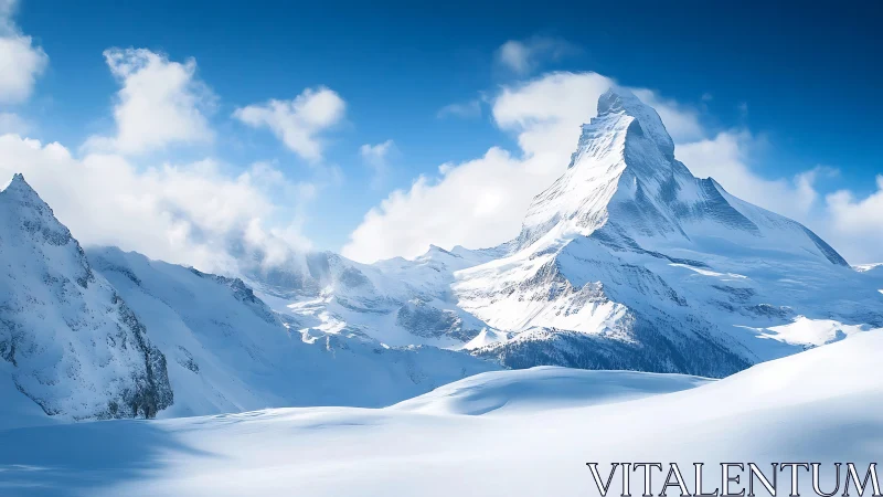 Snow covered alpine peak under clear blue winter sky.