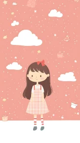 Girl stands on white floor against pink cloud background.