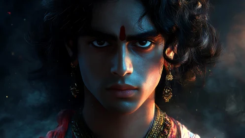 Intense young warrior prince stares through glowing shadows.