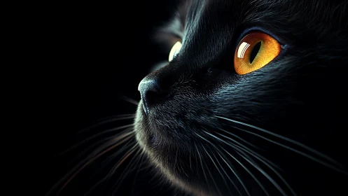 Black Feline Portrait with Golden Iris and Vertical Pupil Aperture