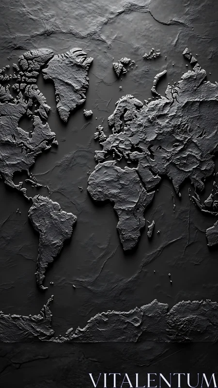 Textured dark world map emerges from sculpted stone surface.